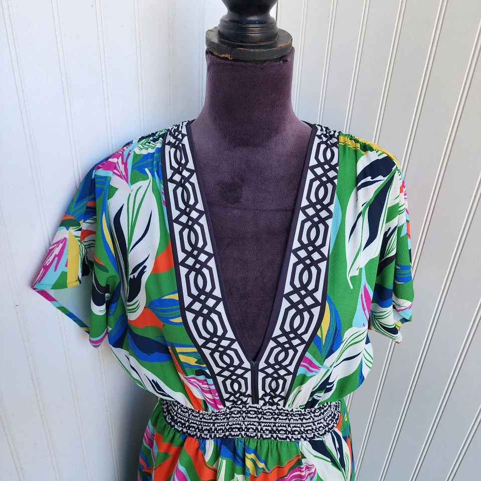 Maxi Vestido Flying Tomato Fuera del Hombro Alto Bajo Verde Tropical Floral Talla M Foto 3 de 4