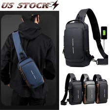 Mens Sling Chest Backpack Shoulder Bag USB Charging Sports Crossbody Handbag