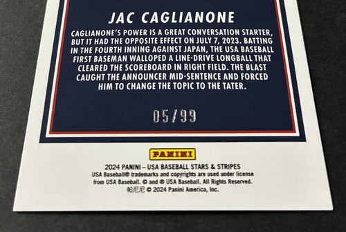 Estrellas y rayas Panini 2024 - (Jac Caglianone) punto púrpura (5/99) Royals #100 - Imagen 3 de 3