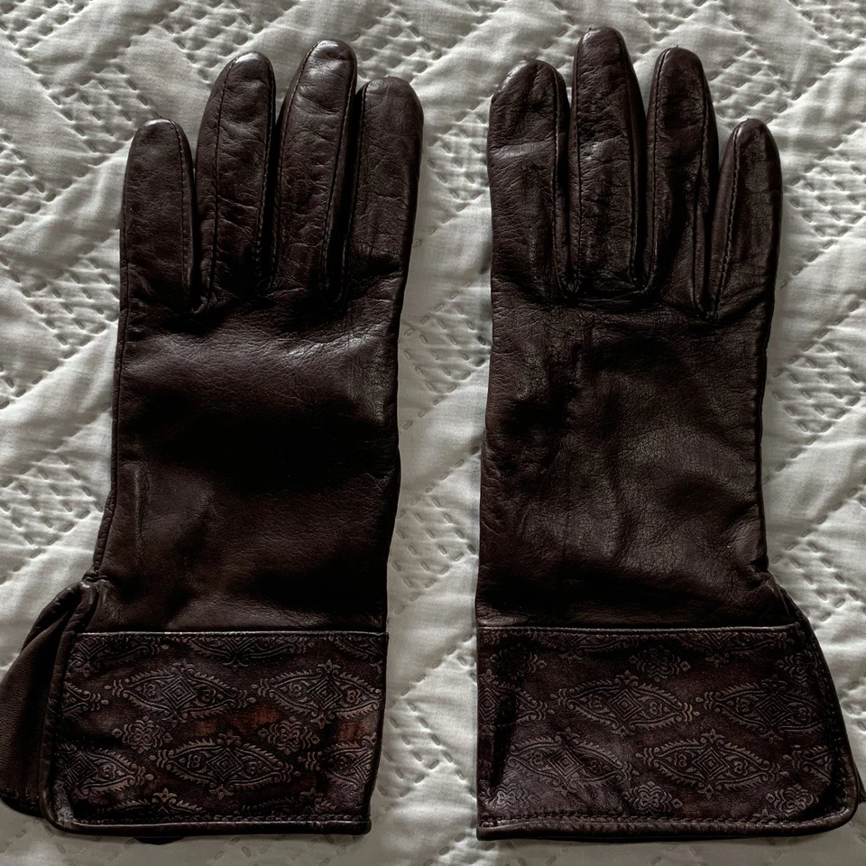 Guantes de cuero marrón para mujer Grandoe talla 7,5 longitud barro con diseño floral EC Foto 2 de 4