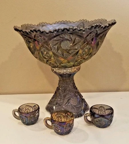 Vintage Imperial Whirling Star Smoke Peacock Carnival Glass Punch Bowl & 3 Cups