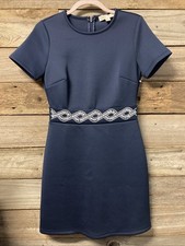 Michael Kors Size S White Grommet Trim Midi Dress Navy Blue Stretch