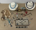 50+ pc LOT VINTAGE COSTUME JEWELRY STONE COPPER NICKEL SILVER DAMASCENE ETC