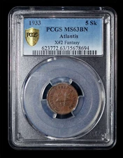 PCGS MS63 1933 Atlantis Principality Christiano I Fantasy 5 Skaloj