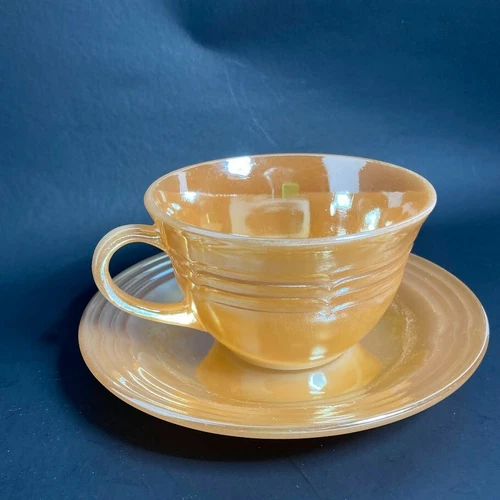 Fire King Peach Lustre Tea Coffee Cup w/ Saucer Vintage Oven Ware 1 set 3 bands