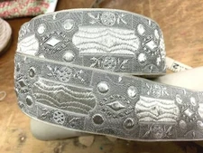 vintage embroider silk satin 2" silver white jacquard ribbon 1yd made in France