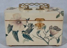 VINTAGE 1960'S LADIES FLOWERS  BIRDS DECOUPAGE WOODEN BOX  BALL LATCH PURSE