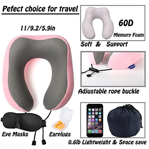 Soft Pink Memory Foam Travel Neck Pillow for Sleeping Comfort
