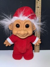 Vintage Russ Large 8" Troll Doll In Red Pajamas  Santa Hat and Pale Pink Hair