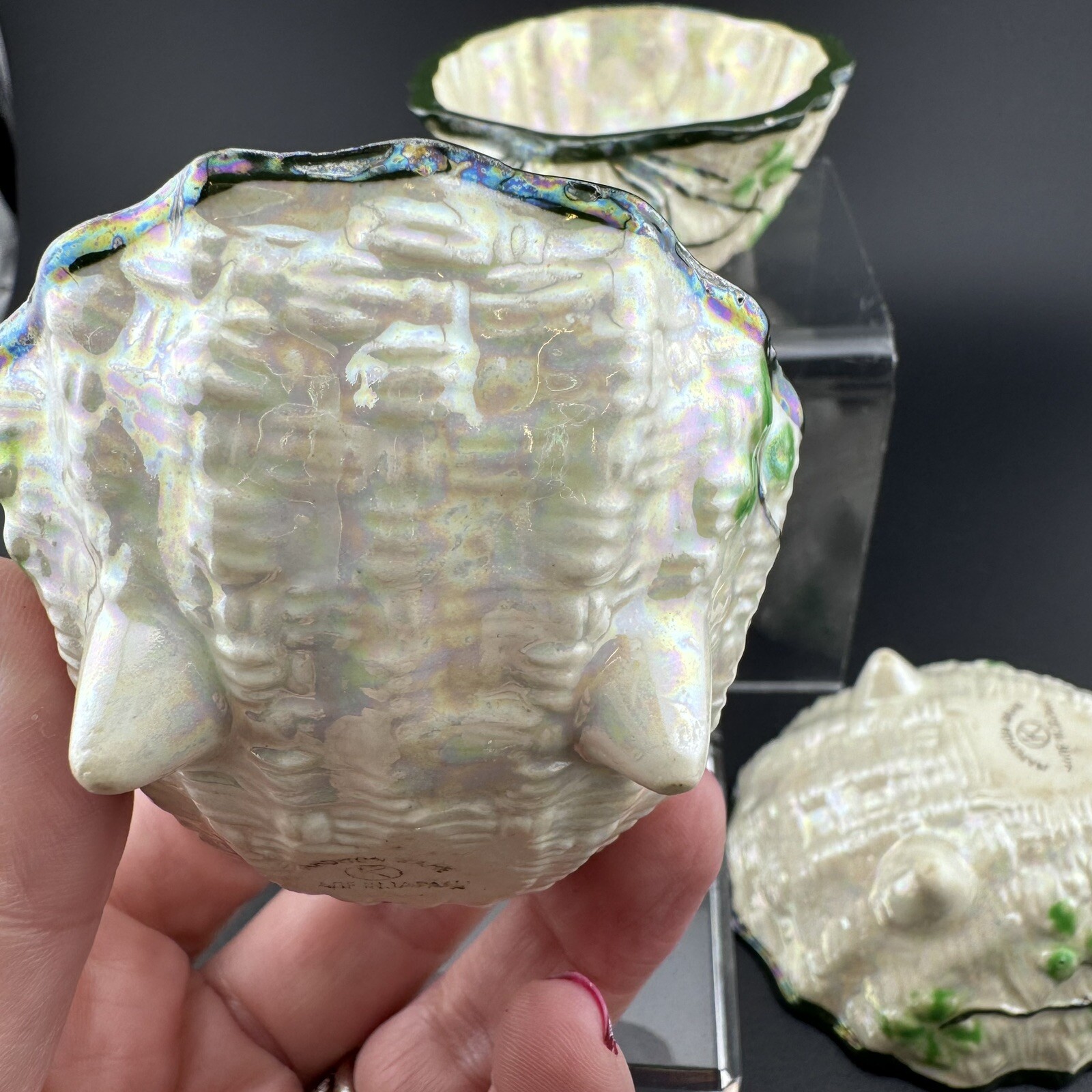 Maruhon Ware Lot 4 Shell Shaped Sauce Bowls Shamrock Clover Basket Weave Japan