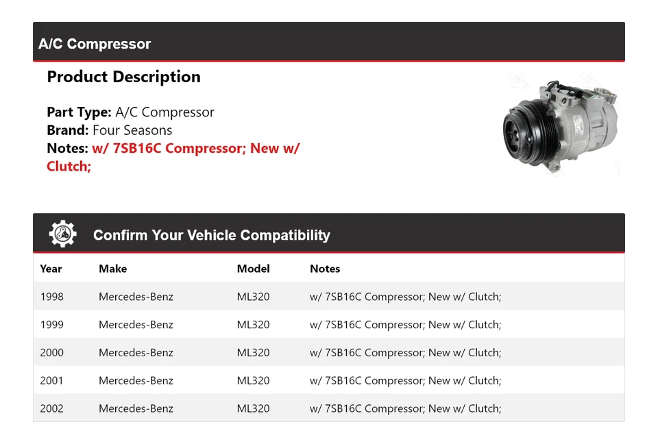 Compresor de aire acondicionado para Mercedes-Benz ML320 1998-2002 4 estaciones 1999 2000 2001 Foto 2 de 4