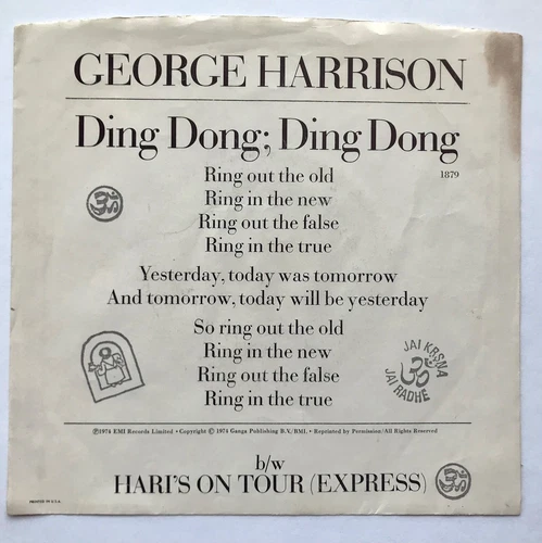 GEORGE HARRISON – Ding Dong; Ding Dong / Hari's On Tour (Express) PICTURE SLEEVE