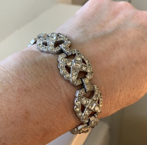 Bracciale Antico Vintage Arte Piastra Rodio Pasta Cristallo Strass Metallo Bianco - Foto 7 di 24