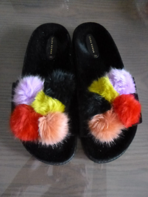 Women's Zara Furry Multicolor Pom Pom Slide Sandals Sz NWOT