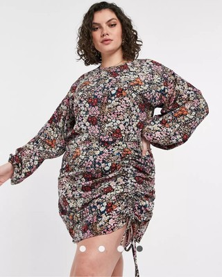 Vero Moda Curve Mini Dress Ruching Stretch Pink Ditsy Floral Sz. 18 NWOT