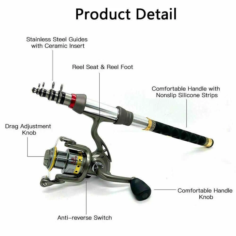 Telescopic Fishing Rod and Reel Combo Full Kit Carbon Fiber Rod Pole W/Line&Bag - Image 4 of 4