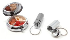 Round Silver 3-Compartment Pill Box with 2 Pill Box Key Rings - Item 503 Set