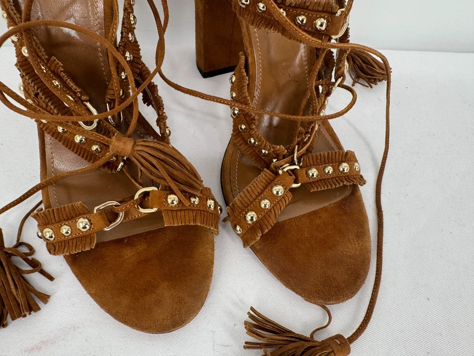 Aquazzura Marrón Gamuza Flecos Tachuelas Tobillo Envoltura Borlas Zapatos Tacones Sandalias Talla 10 Foto 3 de 4