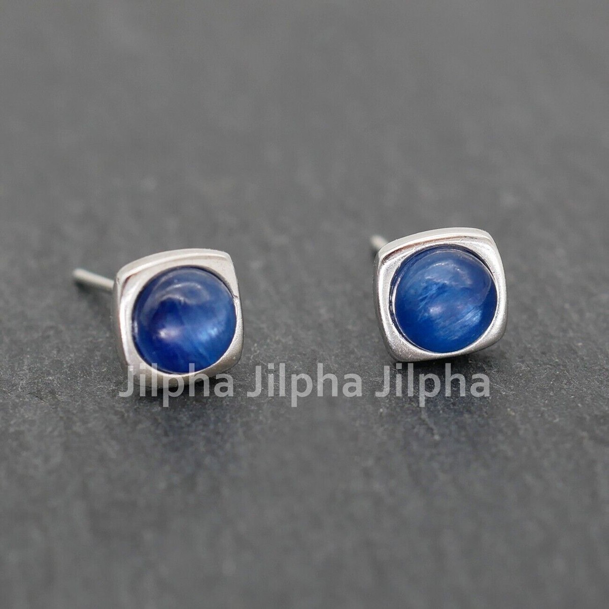 Sterling Silver Square Kyanite Blue Stone Stud Post Earrings 6.5mm