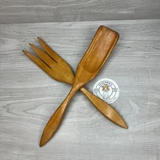 Vintage Wood Large Serving Fork & Spoon Salad Set MCM Utensil Kitchenware Used