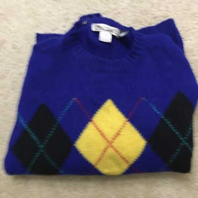 VTG GAP Womens Argyle Sweater 100% Pure Wool Blue Yellow