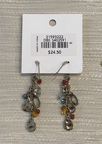 Loft Earrings 2” Gold Dangle MultiColored Pastel Stones And Hammered Metal NWT - Picture 3 of 3