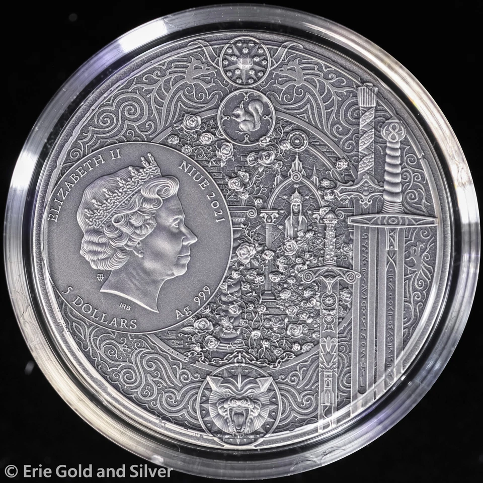 2021 $5 Niue The Witcher Blood of Elves 2 oz Silver Antiqued Coin in OGP - Image 3 of 4