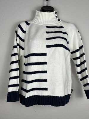Aigle Women s Size Small Gray KnitPullover Turtleneck Sweater White And Blue