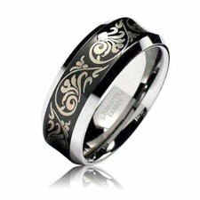 8mm Men's or Ladie's Tungsten Carbide Black Concave Floral Wedding Band Ring