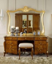 PETTINIERA CON SPECCHIO E SGABELLO IN LEGNO NOCE CON DECORI IN FOGLIA ORO