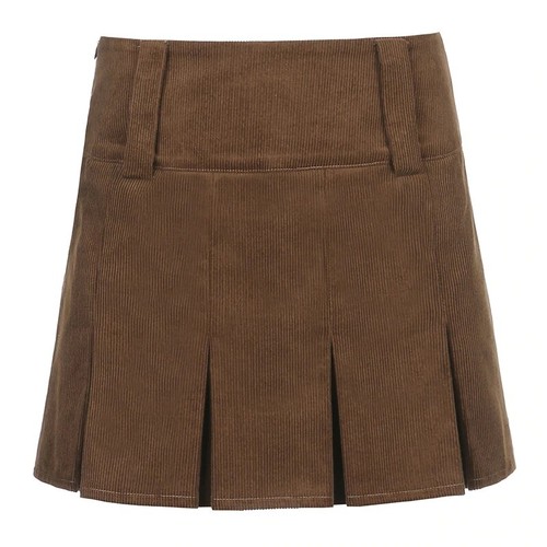 Vintage Black Brown Corduroy Pleated Mini Skirt Hippie High Waist Ribbed Bottoms - 第 6/14 張圖片
