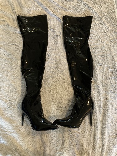 Camssoo Women’s Patent Leather PU Thigh High Pointy Toe Stiletto Boots - Picture 6 of 6