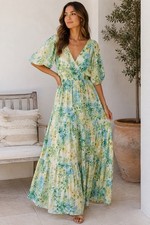 Baltic Born XL Blue Yellow Floral Maxi Dress Puff Sleeve Cottagecore Boho