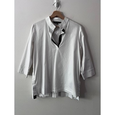 Ming Wang Cotton V-Neck 3/4 Sleeve Tunic Blouse White Black size medium