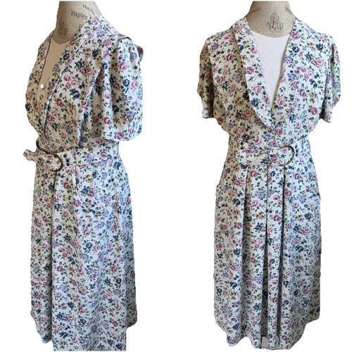 Vintage Periwinkle Floral Midi Dress Womens A-Line Puff Sleeve Belt Cottagecore - Image 1