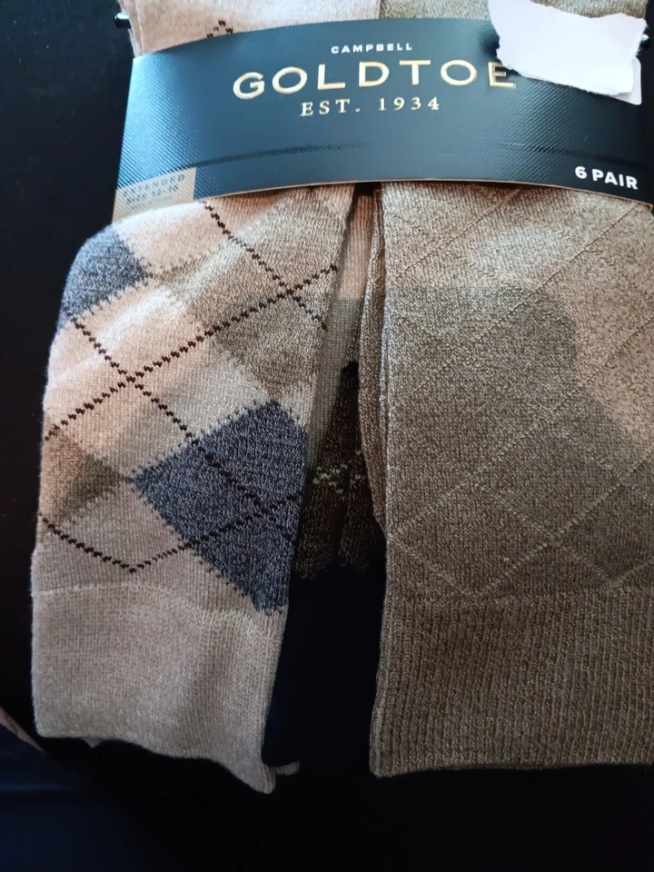 PUNTERA DORADA HOMBRE BEIGE AZUL TOSTADO NEGRO ARGYLE VESTIDO CALCETINES 12-16 6 PARES $24 NUEVO CON ETIQUETAS Foto 3 de 4