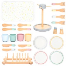   Large Wooden Dish Set   28-Piece Tableware for Kids' Play Kitchen with Plat...