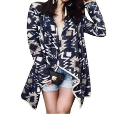 Lucky Brand Cardigan L Blue Aztec Geometric Open Front Waterfall Boho Sweater