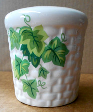 Vtg Ceramic Multi Toothbrush Holder White Wicker w/Green Ivy Vine  Rose 3 1/4"