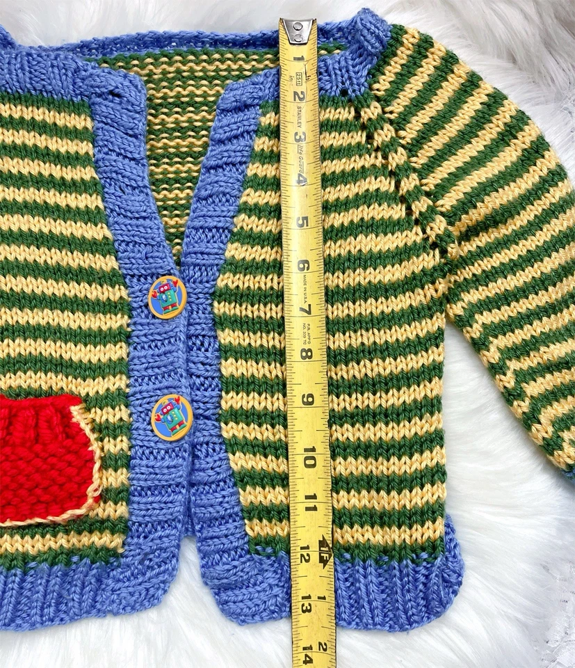 Suéter Cárdigan Tejido Azul y Amarillo Hecho a Mano para Niños Robot Botones Terroso 2t Foto 4 de 4