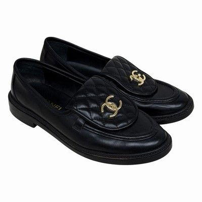 CHANEL Black Leather Quilted CC Turnlock Loafers Shoes Gold Hardware Size 41