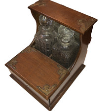 Antique Oak Games Tantalus Two Decanter Bottle Vintage Superb Gentlemen's