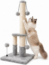 Sturdy Tall Cat Scratching Post with Sisal Rope 4 Teasing Balls - Grey