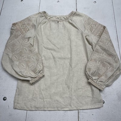 DNK_NATSII Blouse Womens Small Beige Embroidered Balloon Sleeve Linen Tunic