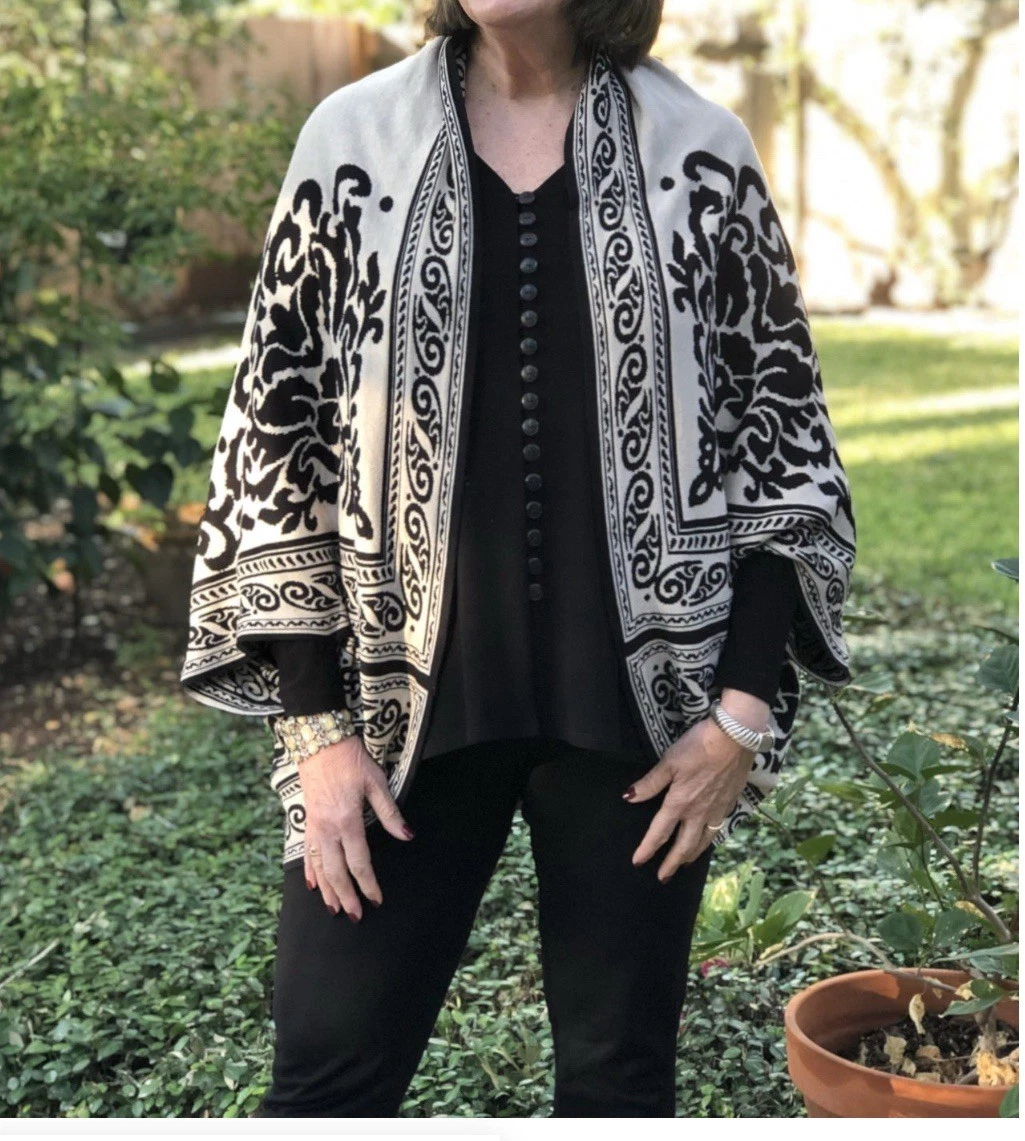 Soft Surroundings Shawl Poncho Cardigan One Size Brown Black Paisley Boho Fall