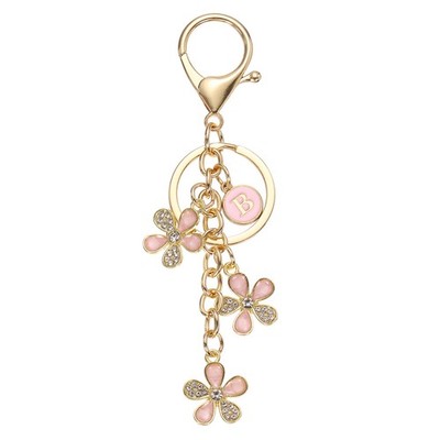Initial Letter Flower Keychain, Cute Alphabet B Cherry Blossom Keyring, Pink