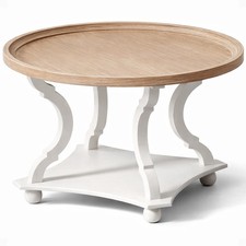 COZAYH Round Rustic Coffee Table Wood Tray Top Accent Centerpiece Storage, White