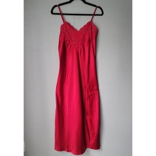 Victoria's Secret Satin V Neck Lace Slip Maxi Nightgown Size Medium In Red