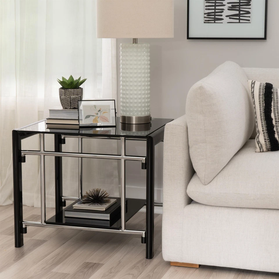 Linon Dart End Table (Set of 2) Top & Bottom Glass Shelves in Glossy Black Steel - Image 2 of 4