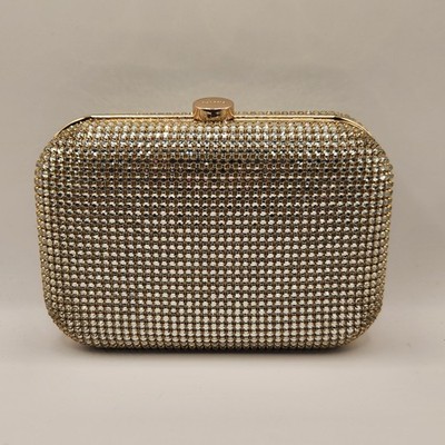 Olga Berg Rae Crystal Embellished Hardcase Clutch Champagne Gold Evening Purse A